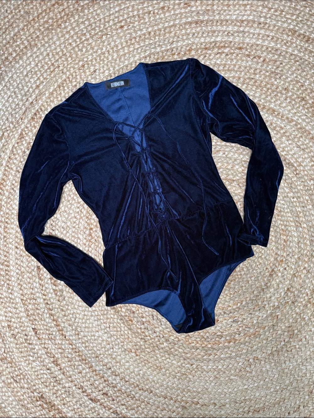 REFORMATION long sleeve velvet romper/bodysuit